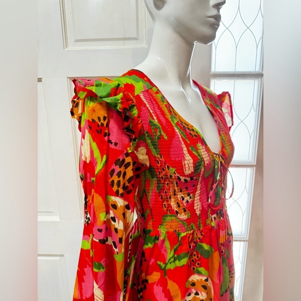 FARM RIO Tropical Ruffle Sleeve Romper Women Small Smocked Red Motif V-neck NWT - Picture 9 of 16